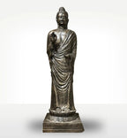 Tall Antique Gold Standing Buddha Statue - 3m Tall with intricate draped robes and serene expression, a hand-carved Buddha statue perfect for elegant spiritual decor.