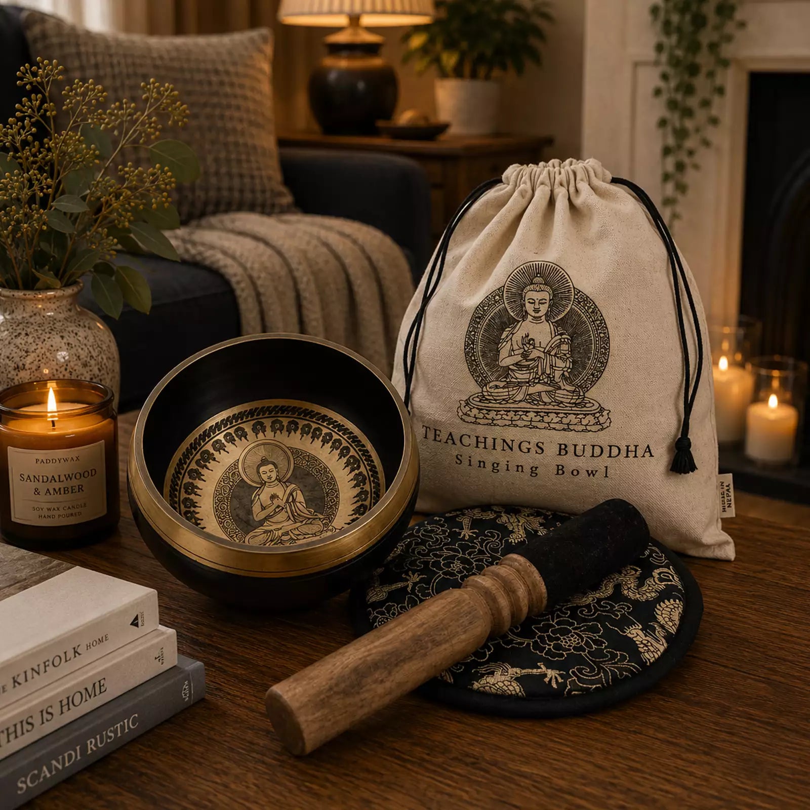 A singing bowl set displayed on a wooden table in a cozy indoor setting. The set includes a black and gold singing bowl, a wooden mallet, a black patterned cloth, and a beige drawstring pouch printed with 'Teachings Buddha Singing Bowl'.