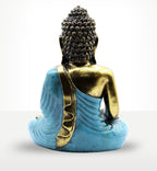 Teal & Gold Buddha - Large hand-carved statue featuring a serene seated Buddha with intricate curls and a flowing teal robe accented in gold, perfect for Buddha decor.