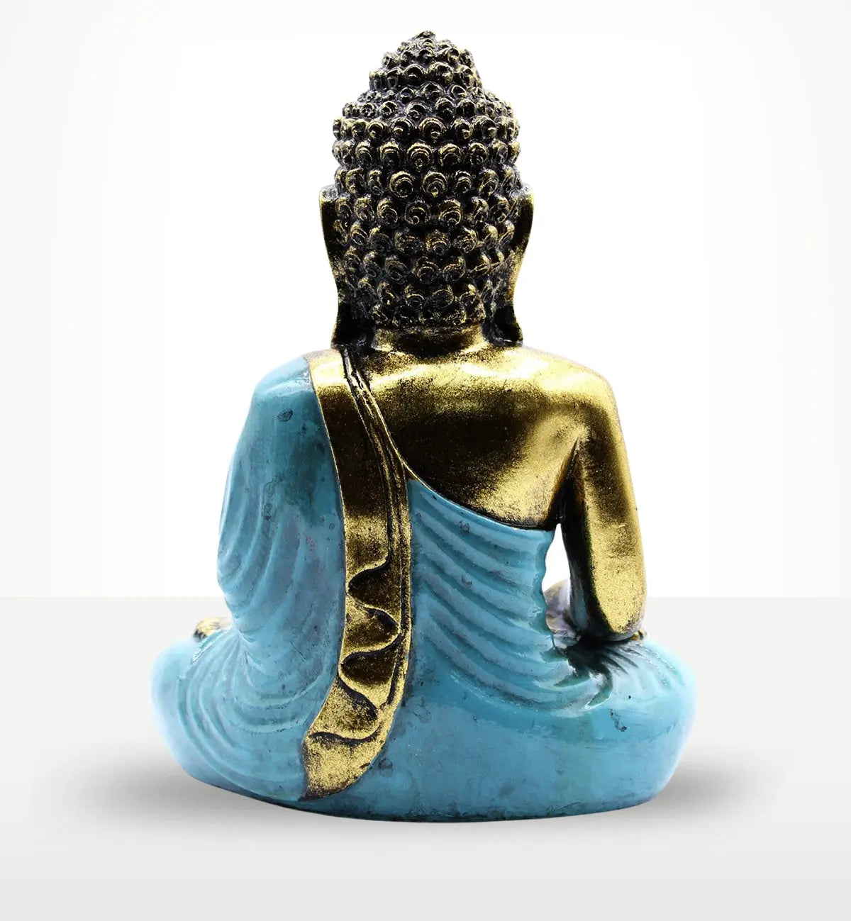 Teal & Gold Buddha - Large statue showing the back view of a hand-carved Buddha figure with intricate curls and a flowing robe painted in teal and gold finish.