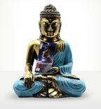 Teal & Gold Buddha - Large hand-painted resin Buddha statue featuring a serene meditating figure with detailed gold and teal finishes, perfect for Buddha decor.