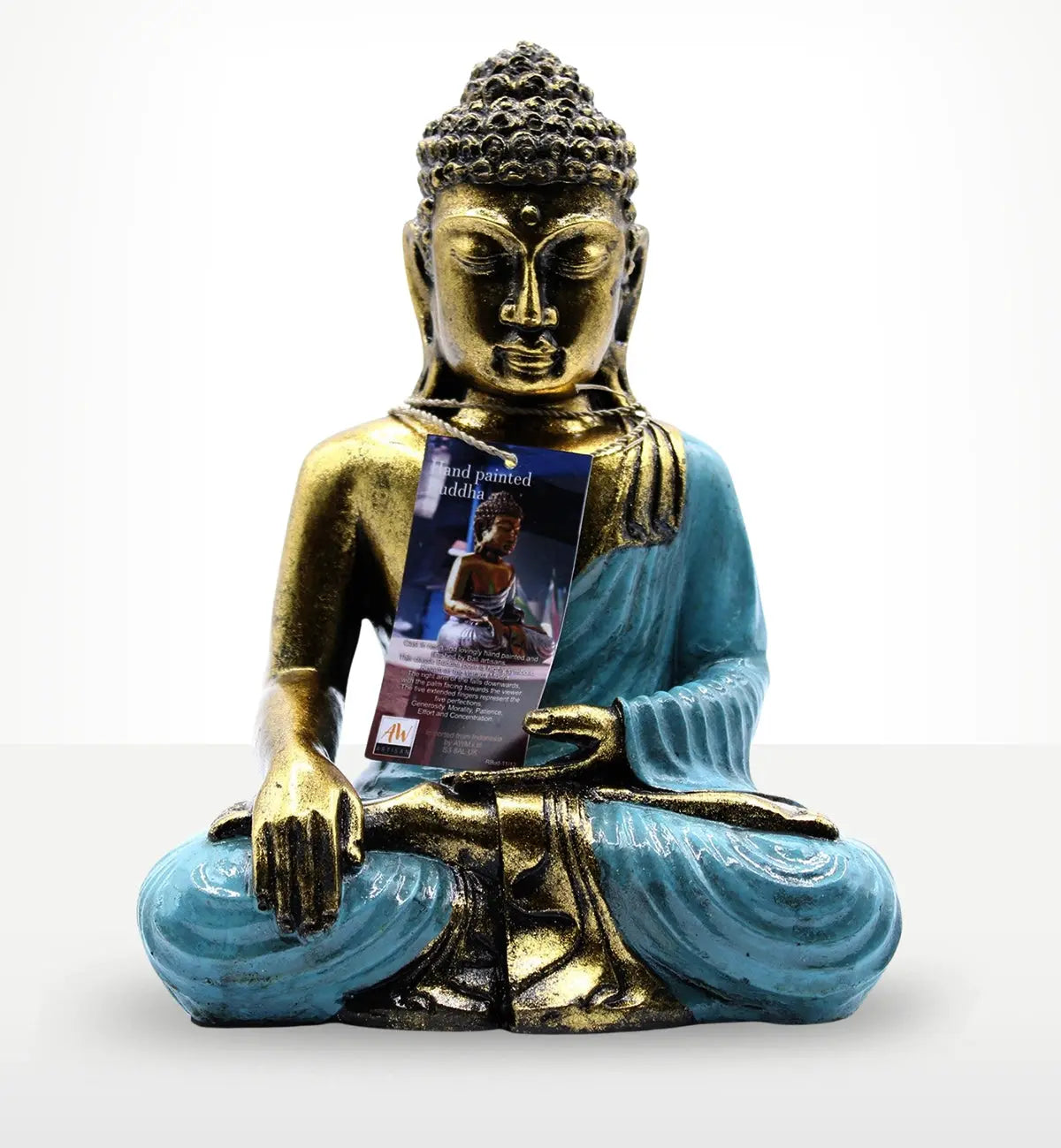Teal & Gold Buddha - Large hand-painted Buddha statue in teal and gold with serene expression, seated in meditation pose, made of resin for decorative Buddha decor.