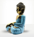 Teal & Gold Buddha - Large hand-carved resin statue featuring a serene meditative pose with detailed gold accents and teal robe, ideal for peaceful Buddha decor.