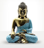 Teal & Gold Buddha - Large hand carved resin statue with serene expression, featuring detailed teal robe and gold finish, perfect for meditation or home decor.