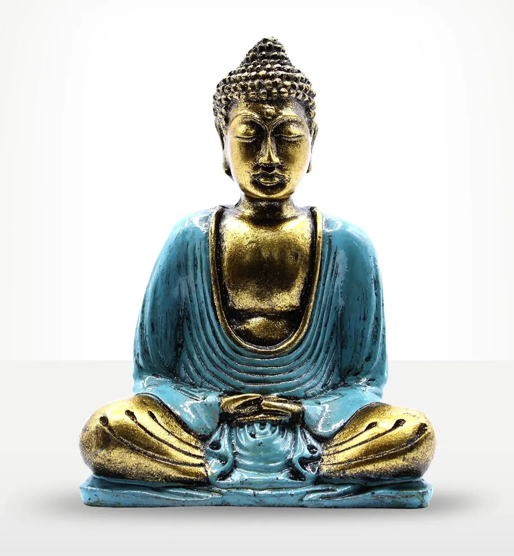 Teal & Gold Buddha - Medium sitting in meditation pose with detailed gold face and hands, dressed in a teal robe, showcasing elegant handcrafted resin Buddha statue decor.