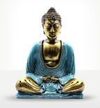 Teal & Gold Buddha - Medium featuring a serene Buddha statue in a meditative pose with a vibrant teal robe contrasted by a rich gold finish, perfect for peaceful decor.