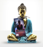 Teal & Gold Buddha - Medium hand painted resin statue depicting a serene Buddha in meditation pose, featuring intricate detailing and a peaceful expression.