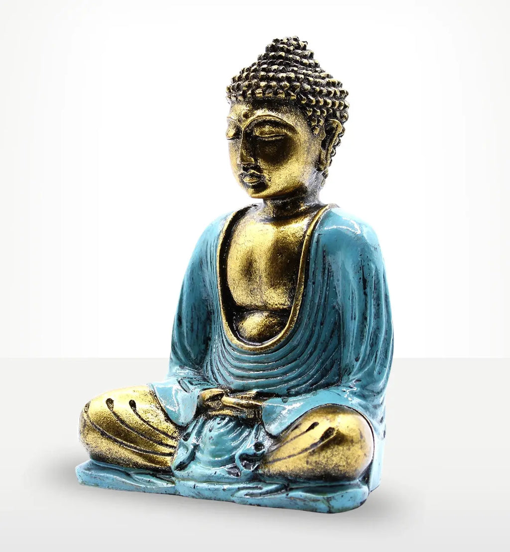 Teal & Gold Buddha - Medium statue featuring a serene Buddha figure seated in meditation pose, combining teal and gold tones in a resin finish for elegant Buddha decor.