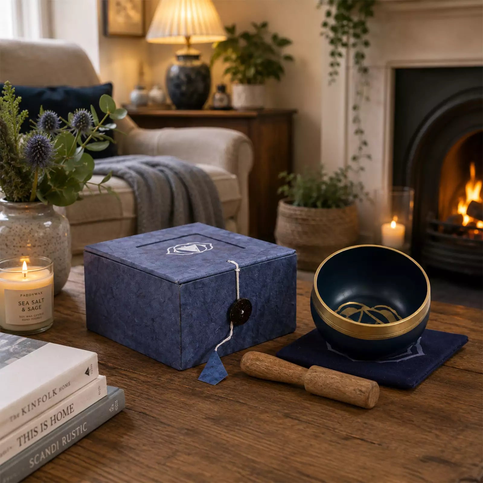 A blue textured gift box with a small cutout on top and a hanging tassel tag sits on a wooden table in a cozy living room. Next to it is a dark blue singing bowl with a gold rim, a wooden mallet, and candles, with a fireplace and armchair in the background.