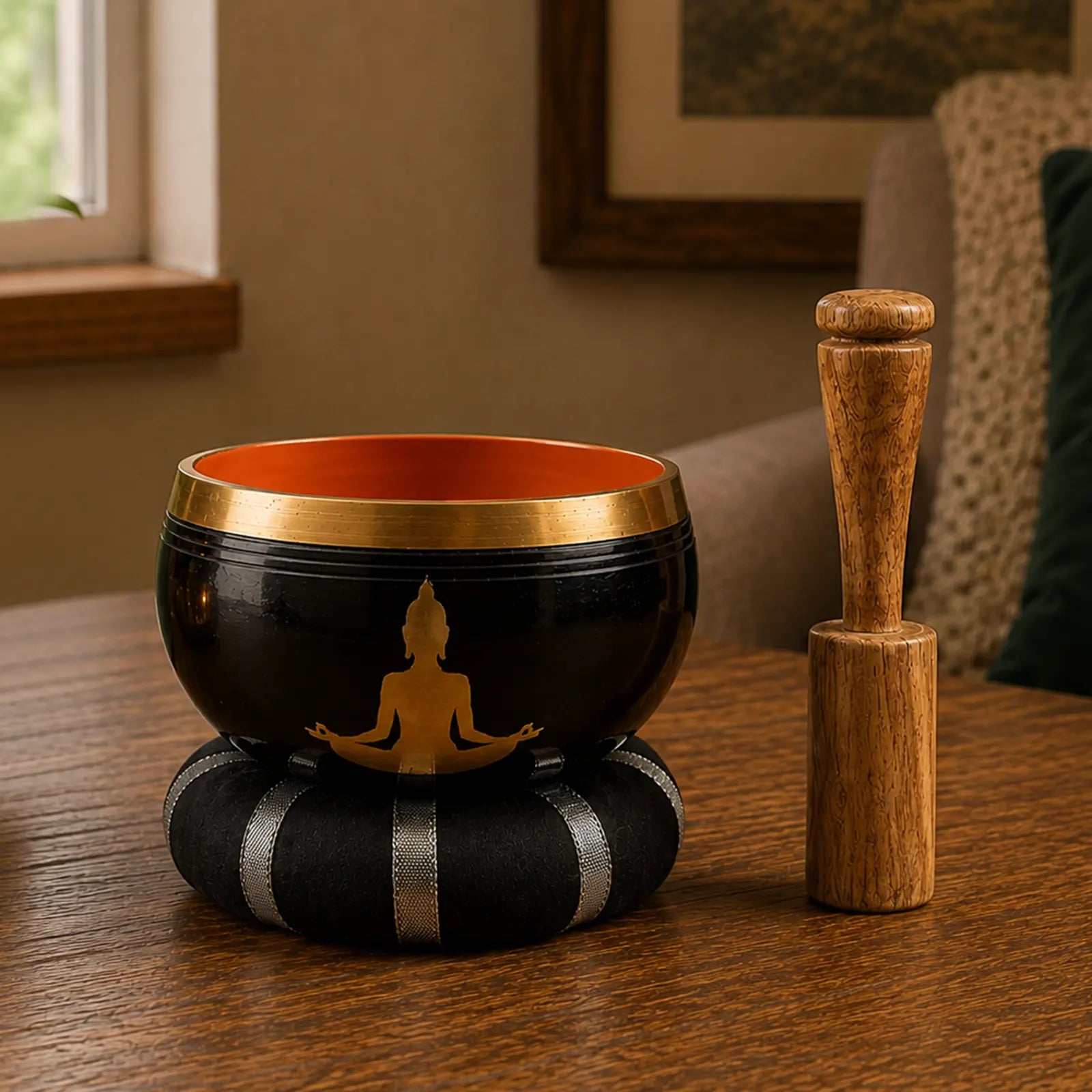 Tibetan Buddhist Singing Bowl Set- Black/Orange 10.7cm