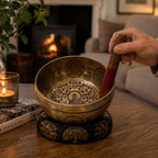 A person using a wooden striker to play the Tibetan Healing Engraved Bowl - 16cm - Bodhi Tree Buddha, placed on a cushion with a lit candle and cozy fireplace in the background.