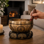Hand holding a wooden mallet over a Tibetan Healing Engraved Bowl - 16cm - Bodhi Tree Buddha resting on a patterned cushion on a wooden table in a cozy living room setting.