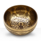 Tibetan Healing Engraved Bowl - 16cm - Bodhi Tree Buddha featuring intricate Bodhi tree and Buddha silhouette designs inside a polished brass singing bowl for meditation and healing rituals.