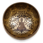 Tibetan Healing Engraved Bowl - 16cm - Bodhi Tree Buddha featuring a hand-engraved Buddha silhouette meditating under a stylized Bodhi tree with intricate leaf and root patterns.