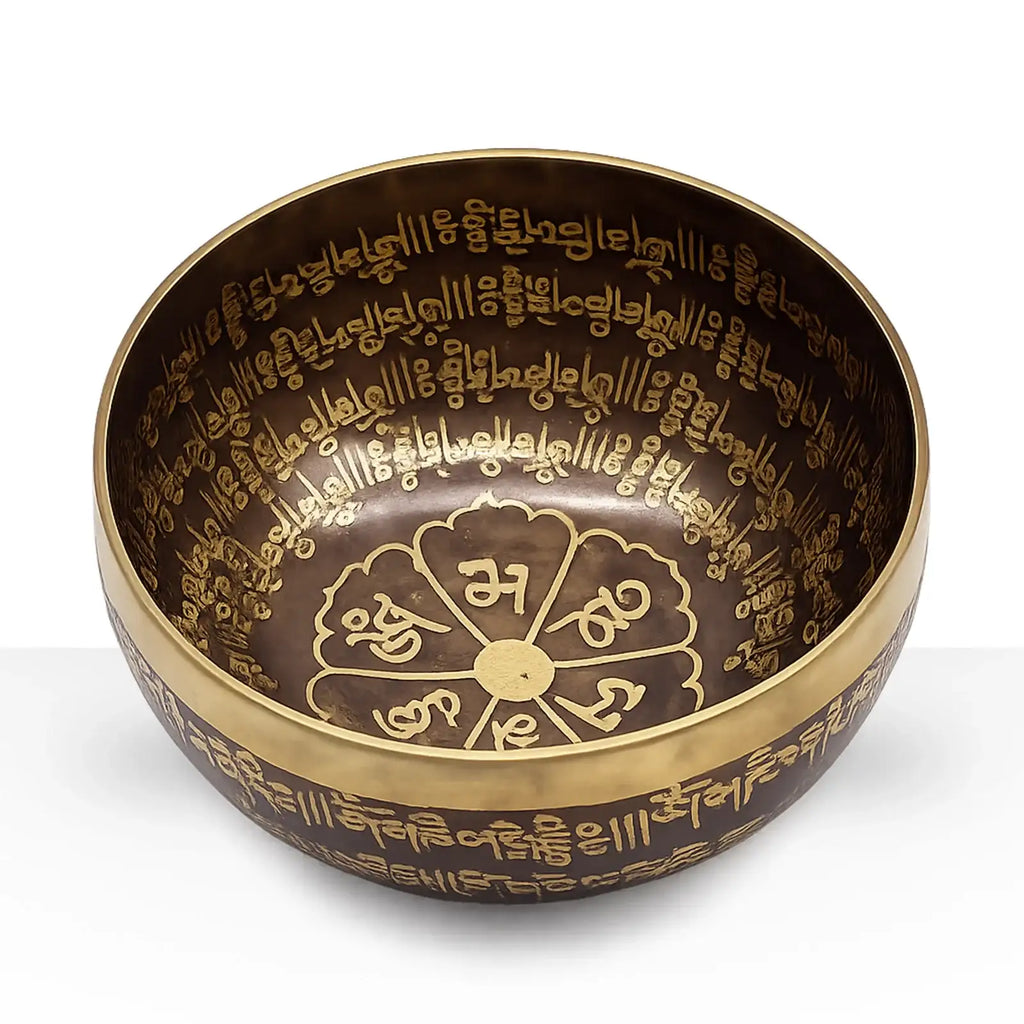 Tibetan Healing Engraved Bowl - 16cm - Mantra with intricate golden Tibetan script and symbolic designs inside and on the rim, crafted from polished metal for spiritual use.