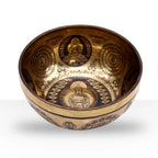 Tibetan Healing Engraved Bowl - 21cm - 5 Buddhas featuring intricate engraved Buddha figures and traditional spiritual symbols in a polished metal finish for meditation and decor.