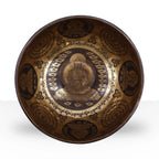 Tibetan Healing Engraved Bowl - 21cm - 5 Buddhas featuring detailed hand-engraved Buddha figures and mantras in a brass finish, ideal for meditation or spiritual decor.
