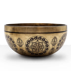 Tibetan Healing Engraved Bowl - 21cm - 5 Buddhas featuring intricate hand-engraved spiritual symbols on a polished brass surface, designed for meditation and healing practices.
