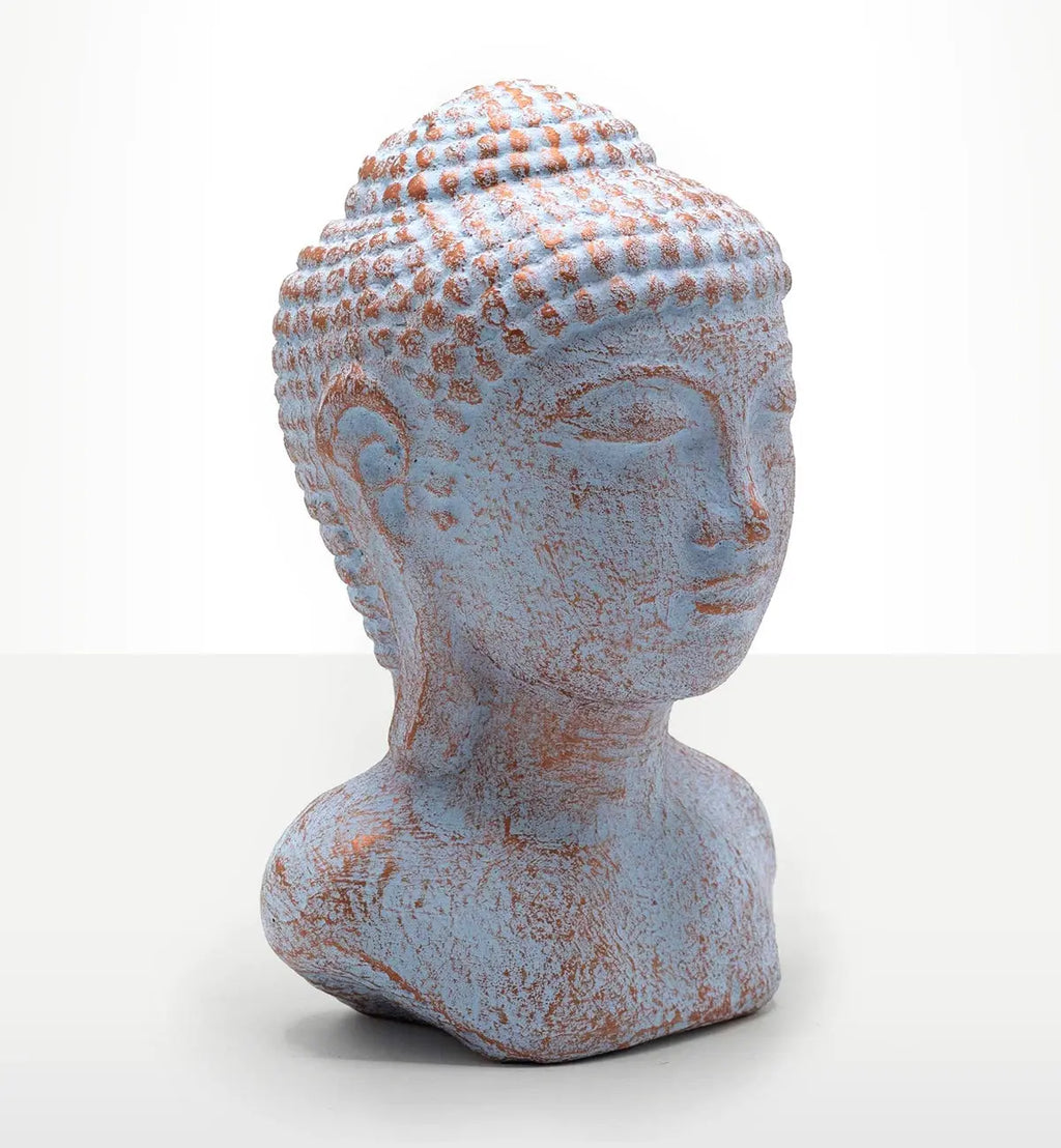 Tranquility Buddha Head - Blue Copper with a serene expression, textured finish combining blue and copper tones, ideal for Buddha decor and meditation spaces.