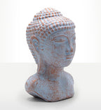 Tranquility Buddha Head - Blue Copper sculpture featuring a serene Buddha face with textured hair and calm expression, made from blue copper-toned material for peaceful decor.