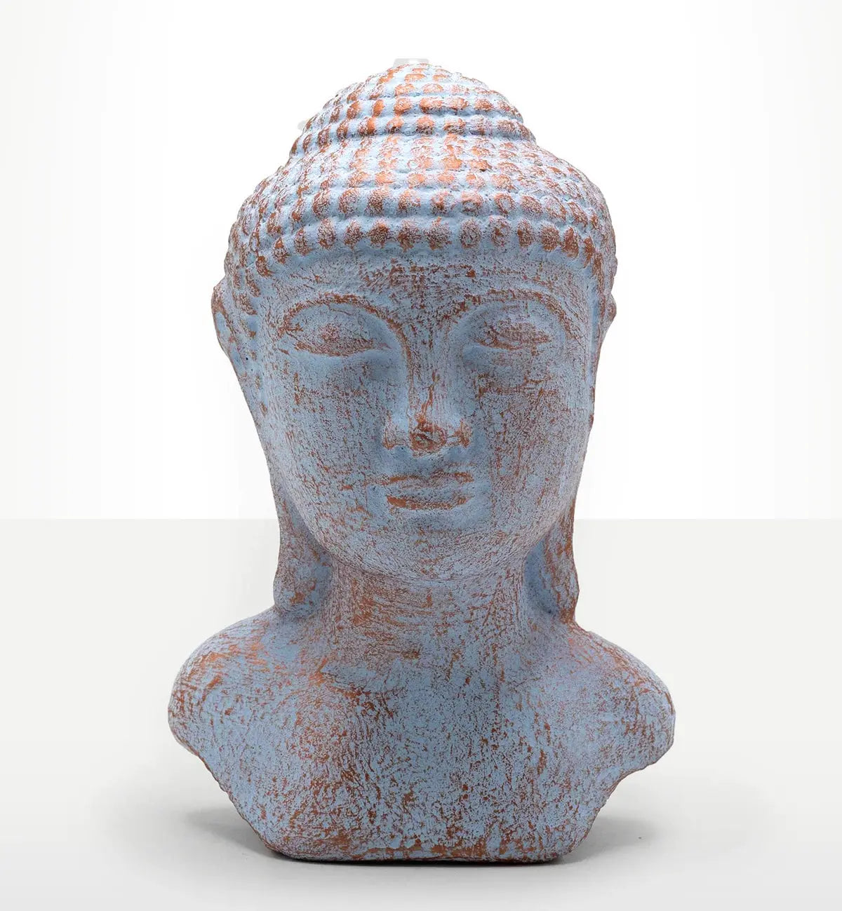 Tranquility Buddha Head - Blue Copper featuring a serene Buddha face with textured blue and copper patina, ideal for spiritual and decorative Buddha decor.