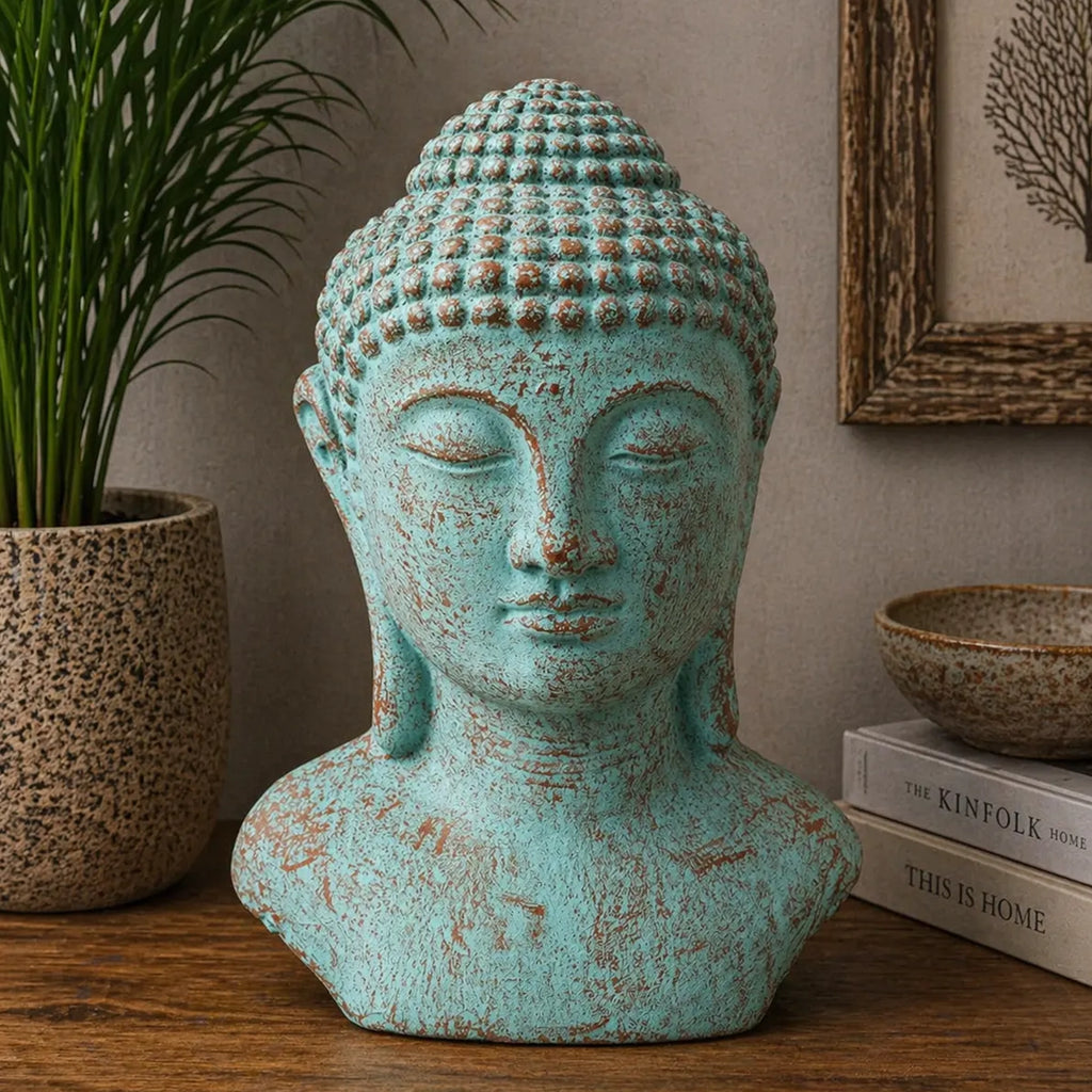A distressed turquoise blue Buddha bust sculpture with a weathered brown patina, displayed on a wooden shelf next to a potted plant and decorative books.