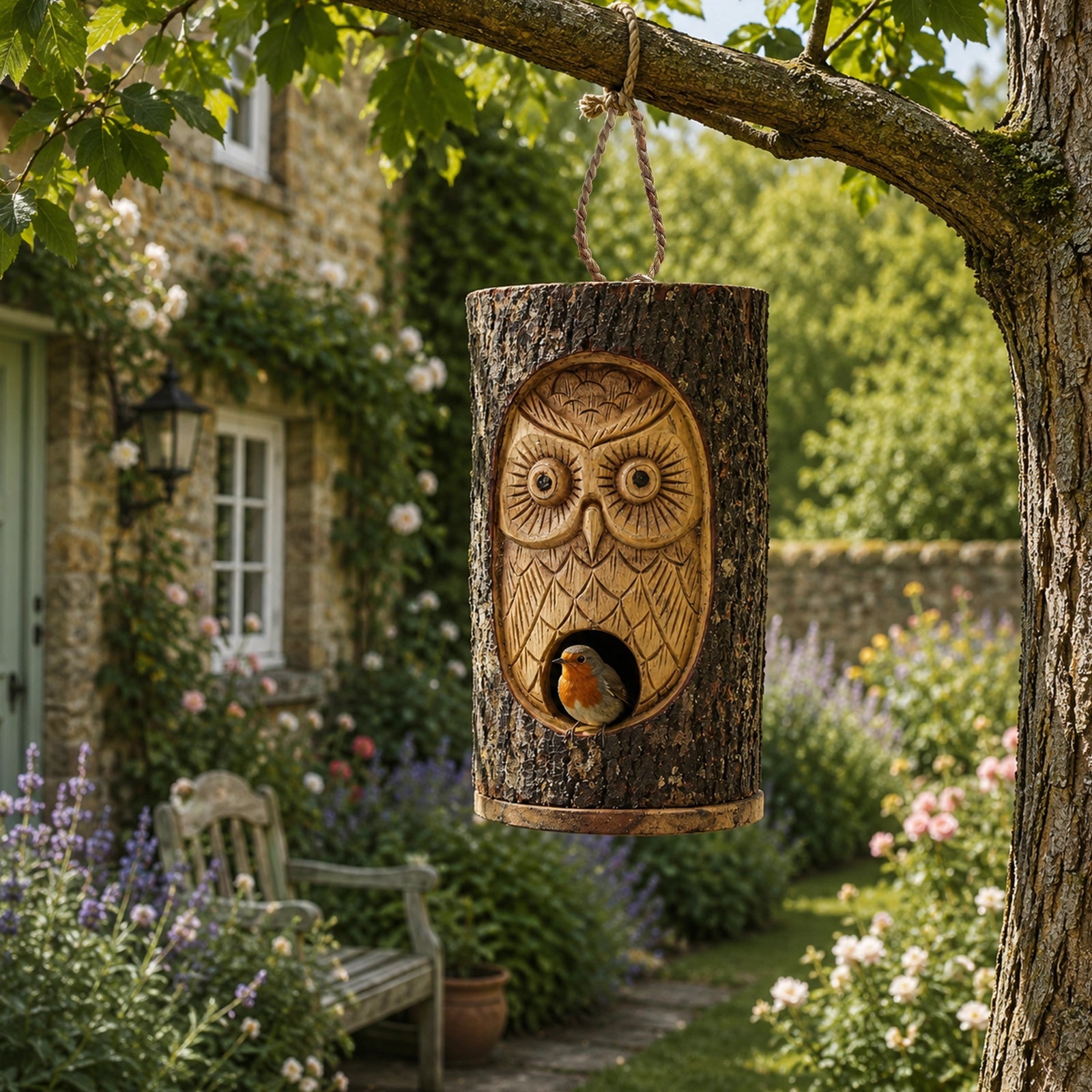 Tree Trunk Face - Bird House - Wise Owl features a hand-carved owl design on natural wood, combining rustic charm with functional birdhouse craftsmanship.