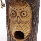 Tree Trunk Face - Bird House - Wise Owl features a hand-carved owl design on natural wood, combining rustic charm with functional birdhouse craftsmanship.