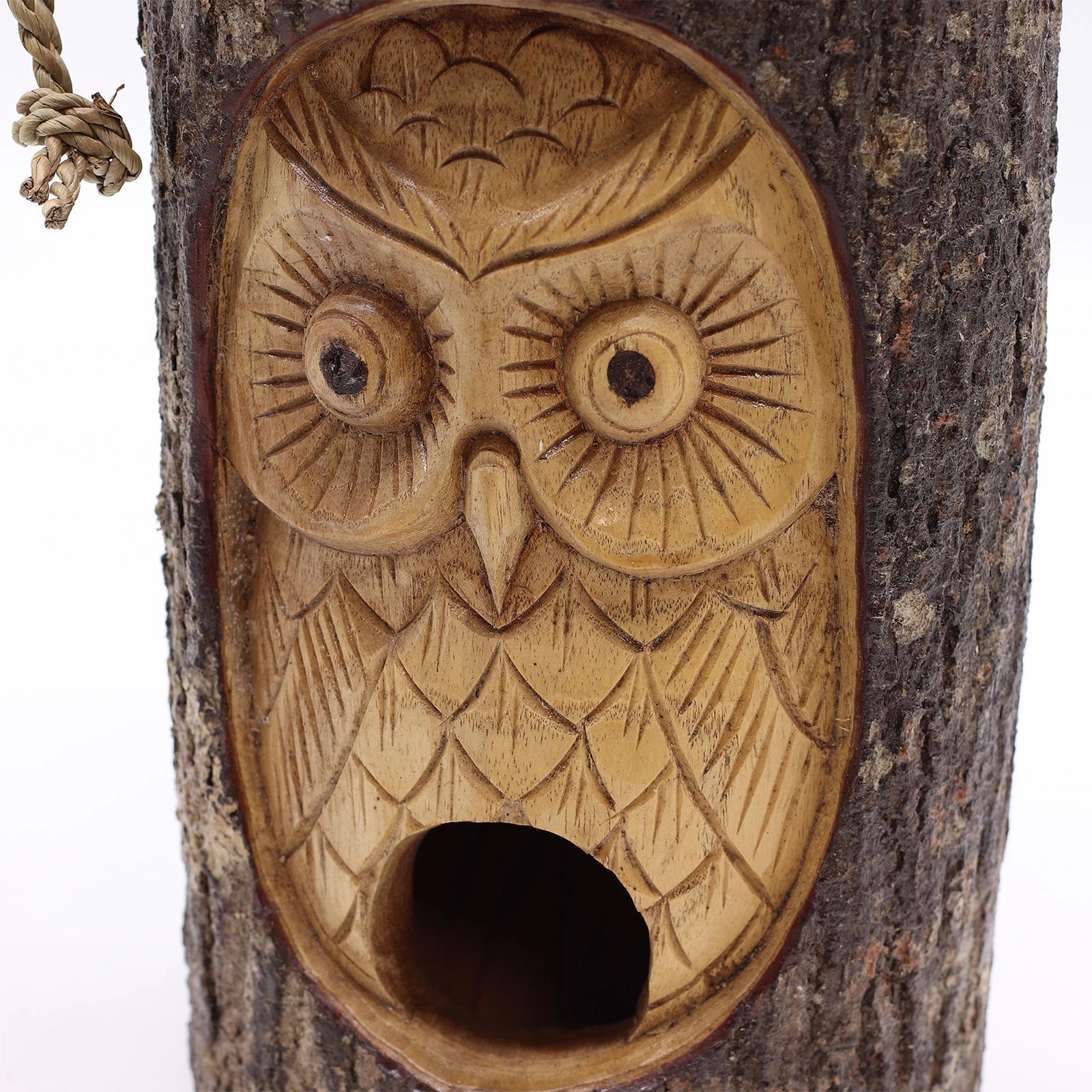 Tree Trunk Face - Bird House - Wise Owl features a hand-carved owl design on natural wood, combining rustic charm with functional birdhouse craftsmanship.