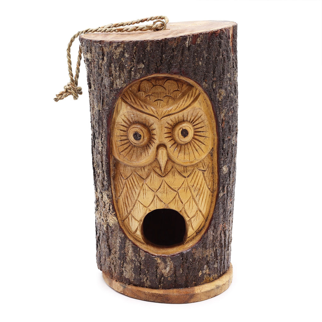 Tree Trunk Face - Bird House - Wise Owl features a hand-carved owl design on natural wood, combining rustic charm with functional birdhouse craftsmanship.