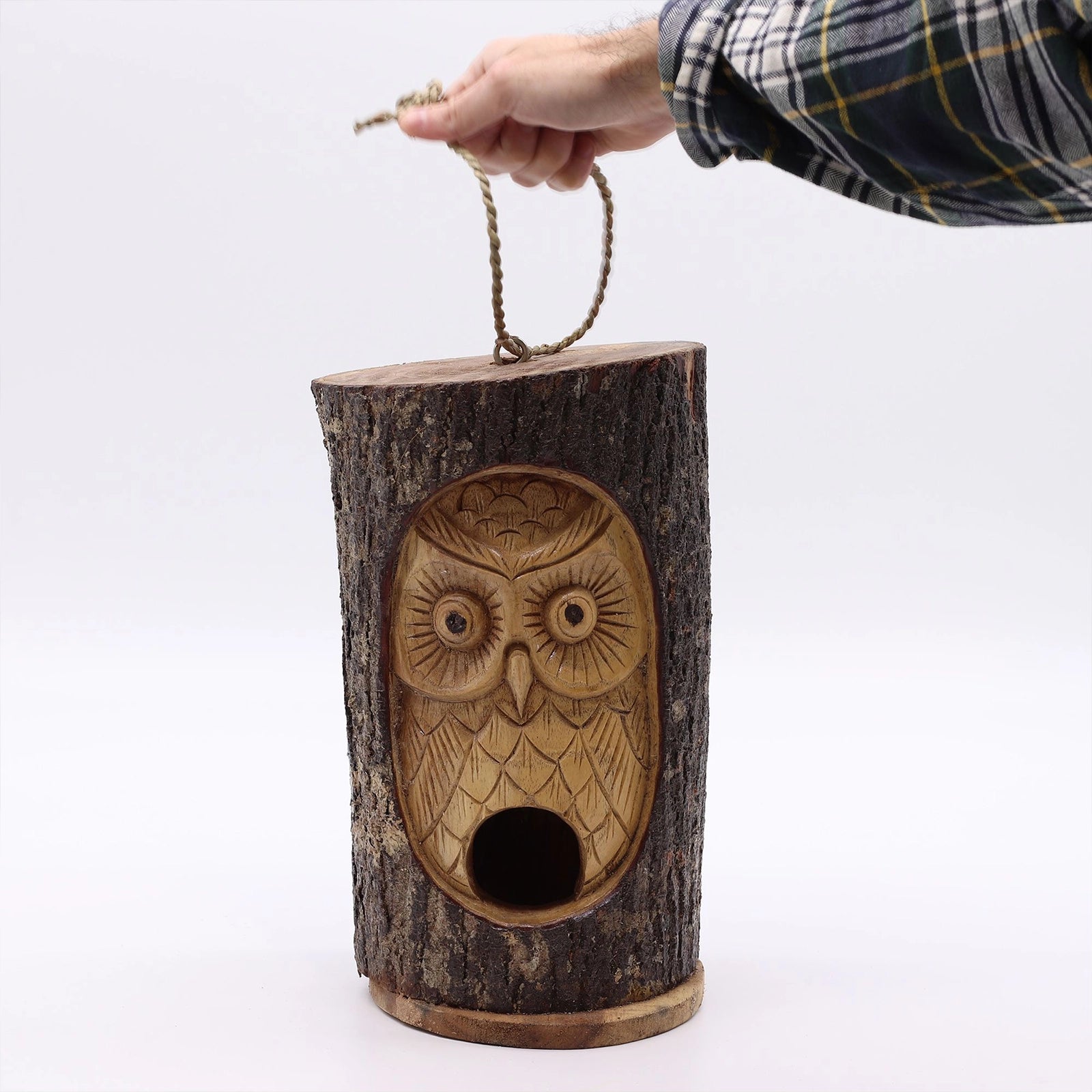 Tree Trunk Face - Bird House - Wise Owl features a hand-carved owl design on natural wood, combining rustic charm with functional birdhouse craftsmanship.