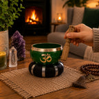 Tree of Life Singing Bowl Set- Green 10.7cm shown in a cozy setting with a hand holding the wooden striker, surrounded by crystals, a candle, and a meditation bead bracelet on a woven mat.