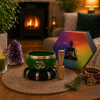 Tree of Life Singing Bowl Set- Green 10.7cm displayed on a woven mat with a wooden striker, chakra-themed colorful box, prayer beads, green candle, and purple crystal in a cozy room by a fireplace.