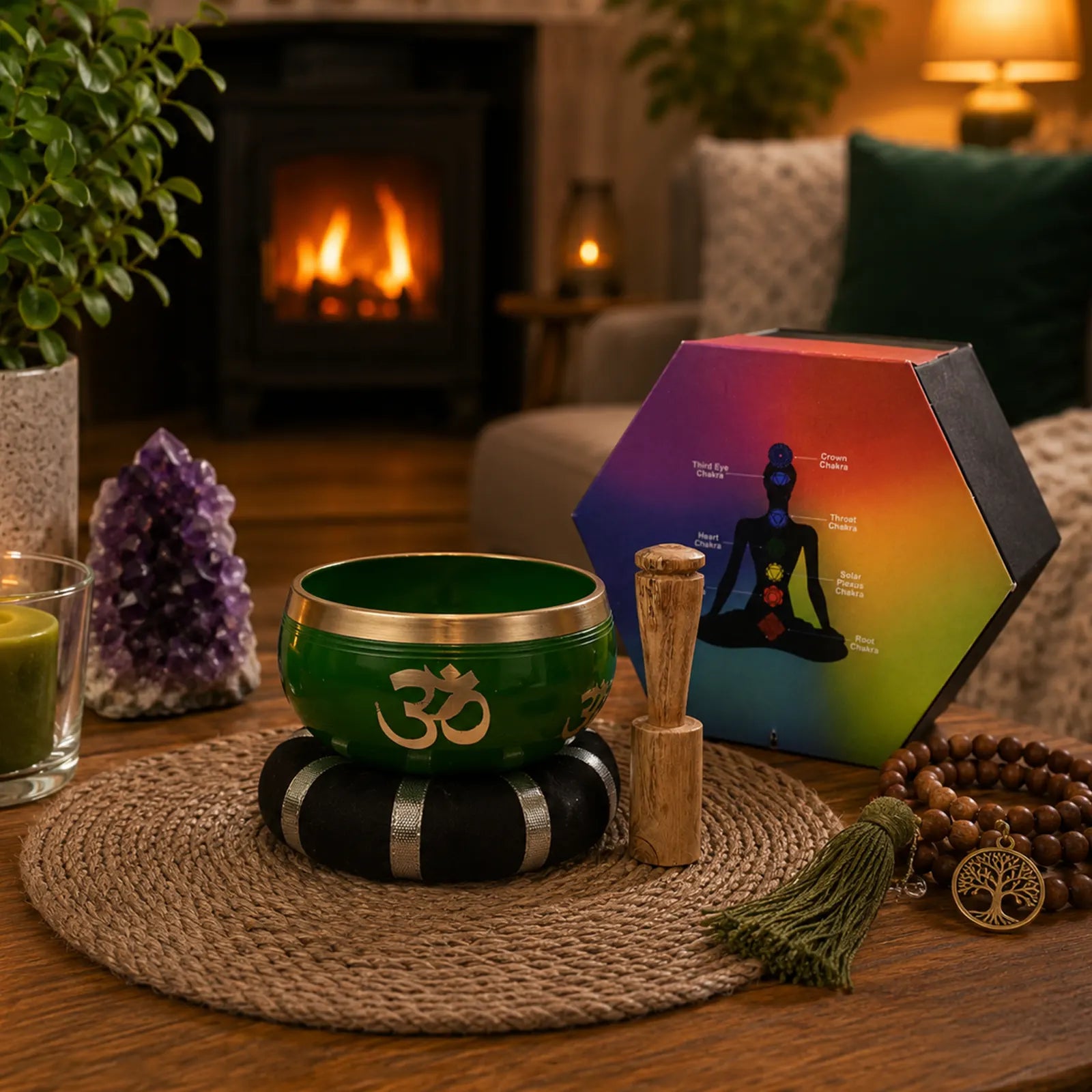 Tree of Life Singing Bowl Set- Green 10.7cm