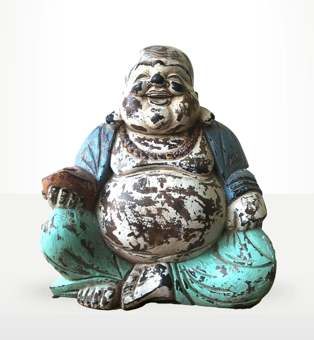 Vintage Blue Mint Hand Carved Buddha Statue - 30cm - Happy Buddha with distressed finish, sitting cross-legged, holding a bowl, perfect for Buddha decor and hand carved statue collections.