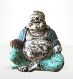 Vintage Blue Mint Hand Carved Buddha Statue - 30cm - Happy Buddha with a distressed finish, featuring a joyful seated figure in blue and mint colors, perfect Buddha decor.