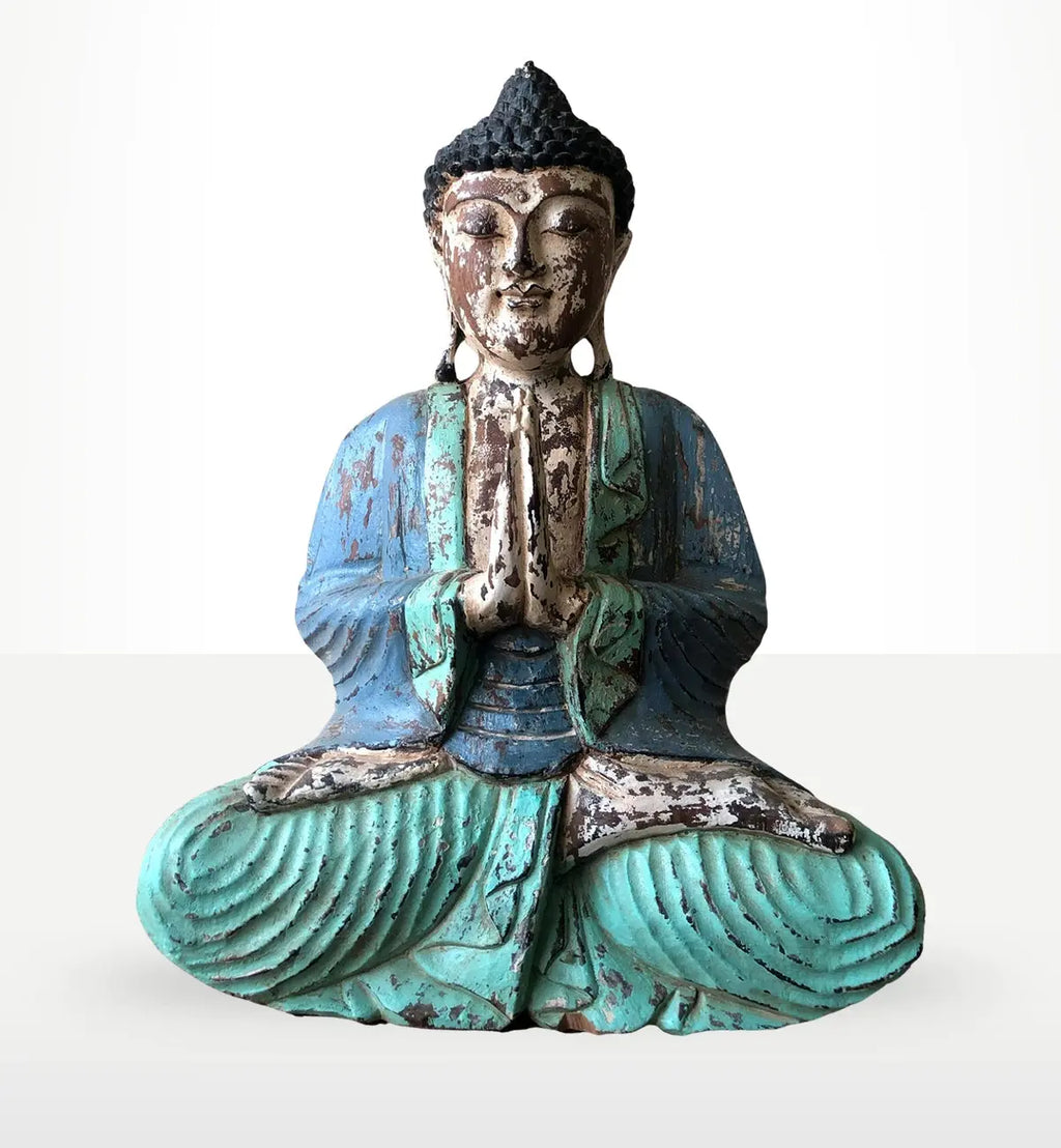 Vintage Blue Mint Hand Carved Buddha Statue - 40cm - Welcome with weathered paint and intricate details, perfect as a serene home decor or spiritual centerpiece.