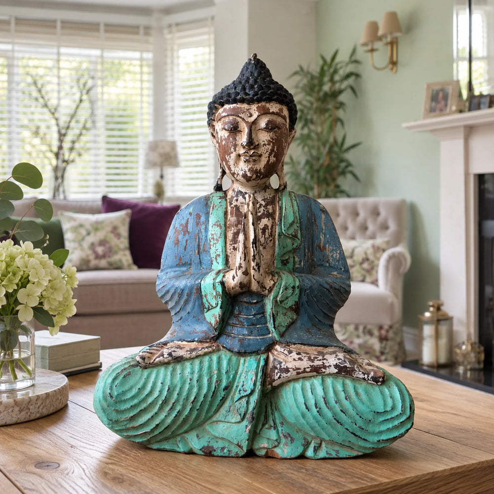 Vintage Blue Mint Hand Carved Wooden Buddha Sitting Statue - 40cm - Welcome