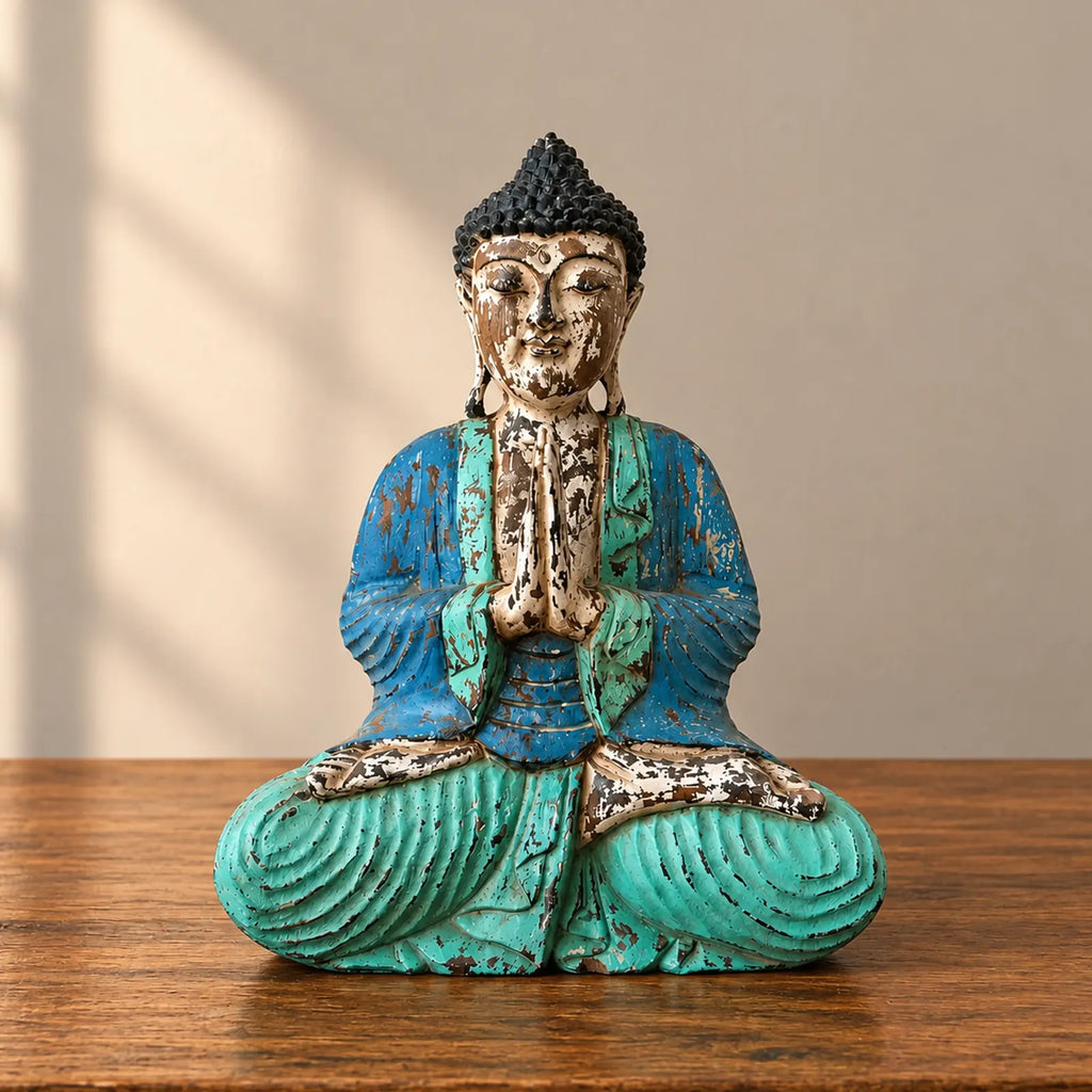 Vintage Blue Mint Hand Carved Wooden Buddha Sitting Statue - 40cm - Welcome