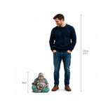 Vintage Blue Mint Hand Carved Wooden Buddha Statue - 30cm - Happy Buddha shown next to a man for size comparison, highlighting its detailed craftsmanship and unique color.