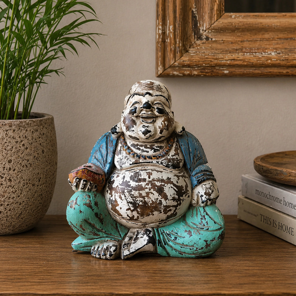 Vintage Blue Mint Hand Carved Wooden Buddha Statue - 30cm - Happy Buddha sitting cross-legged with a serene smile, featuring distressed blue and mint painted wooden finish.