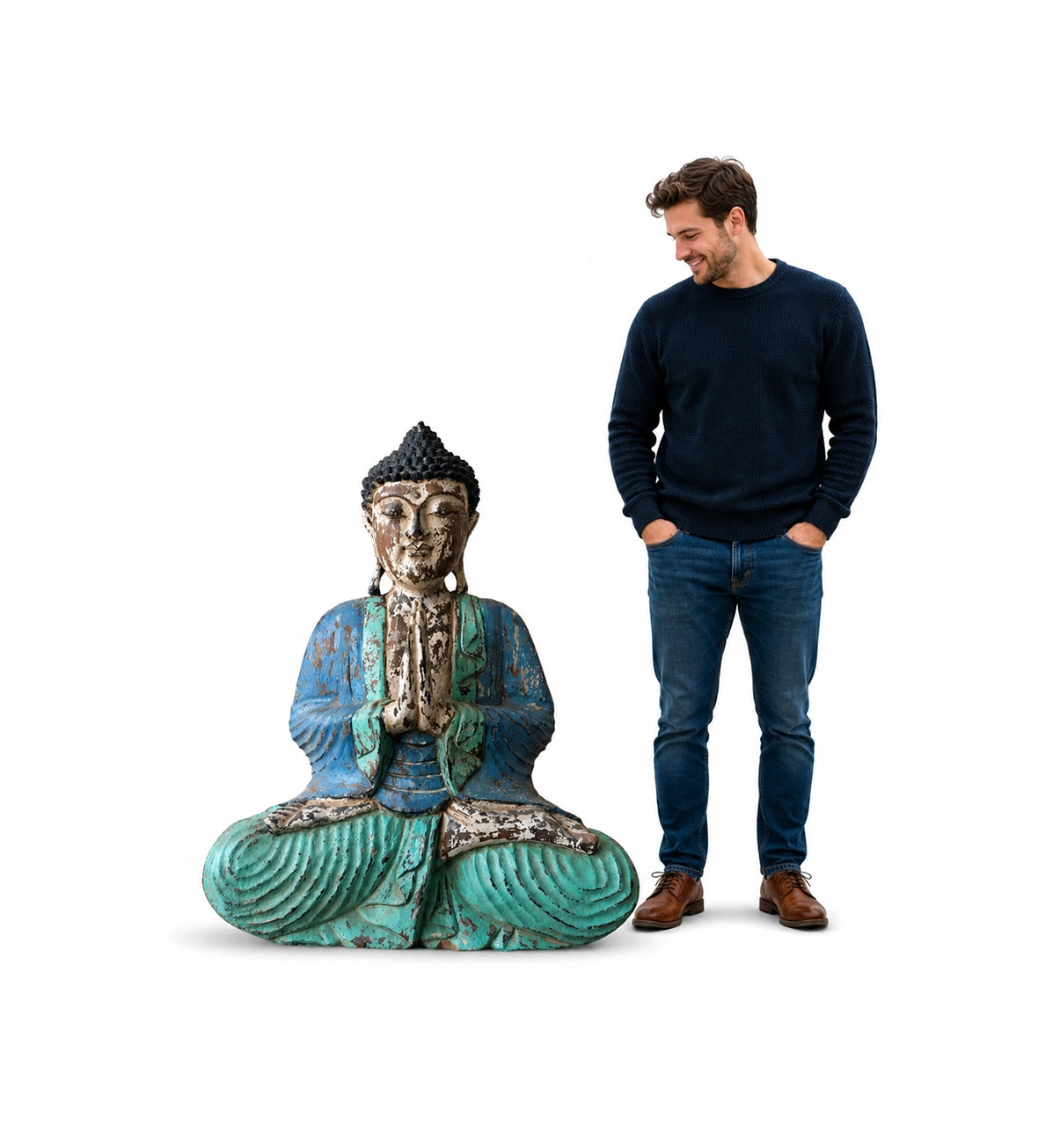 Vintage Blue Mint Hand Carved Wooden Buddha Statue - 40cm - Welcome