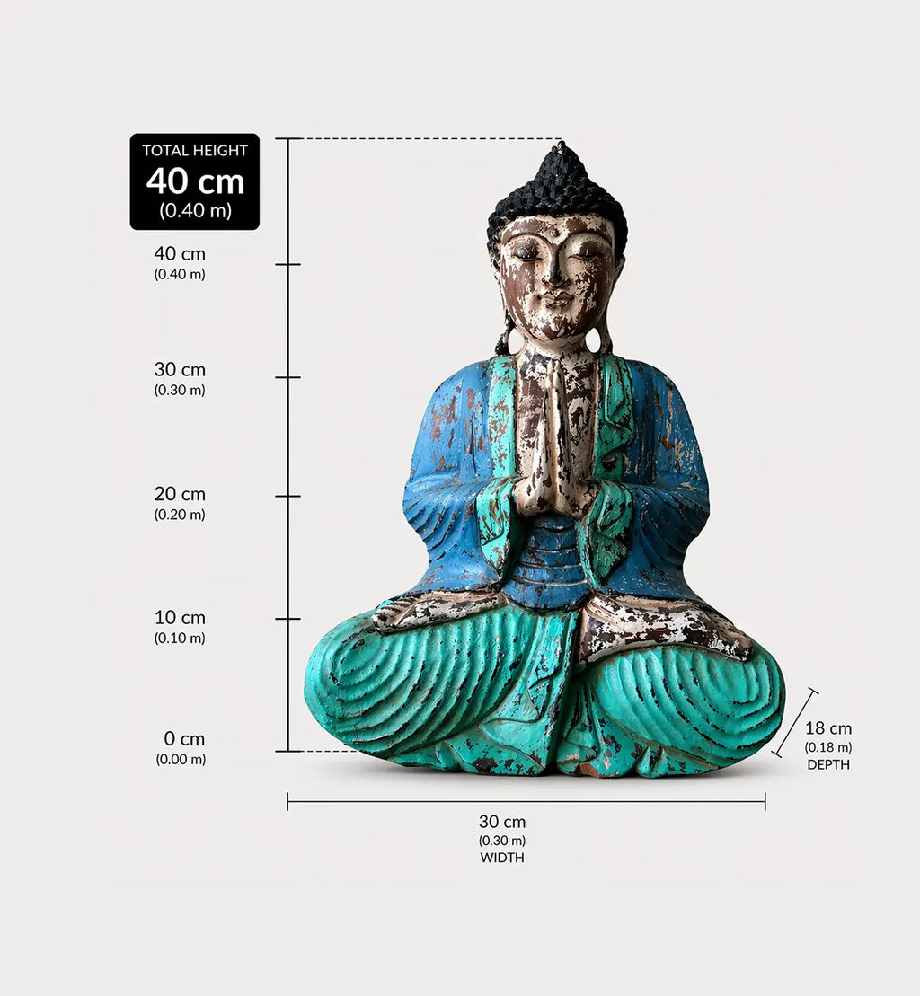 Vintage Blue Mint Hand Carved Wooden Buddha Statue - 40cm - Welcome