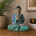 Vintage Blue Mint Hand Carved Wooden Buddha Statue - 40cm - Welcome sitting in meditation pose with hands in prayer, featuring distressed blue and mint paint on wood.