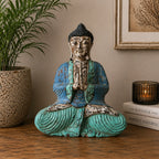 Vintage Blue Mint Hand Carved Wooden Buddha Statue - 40cm - Welcome sitting in meditation pose with hands in prayer, featuring distressed blue and mint paint on wood.