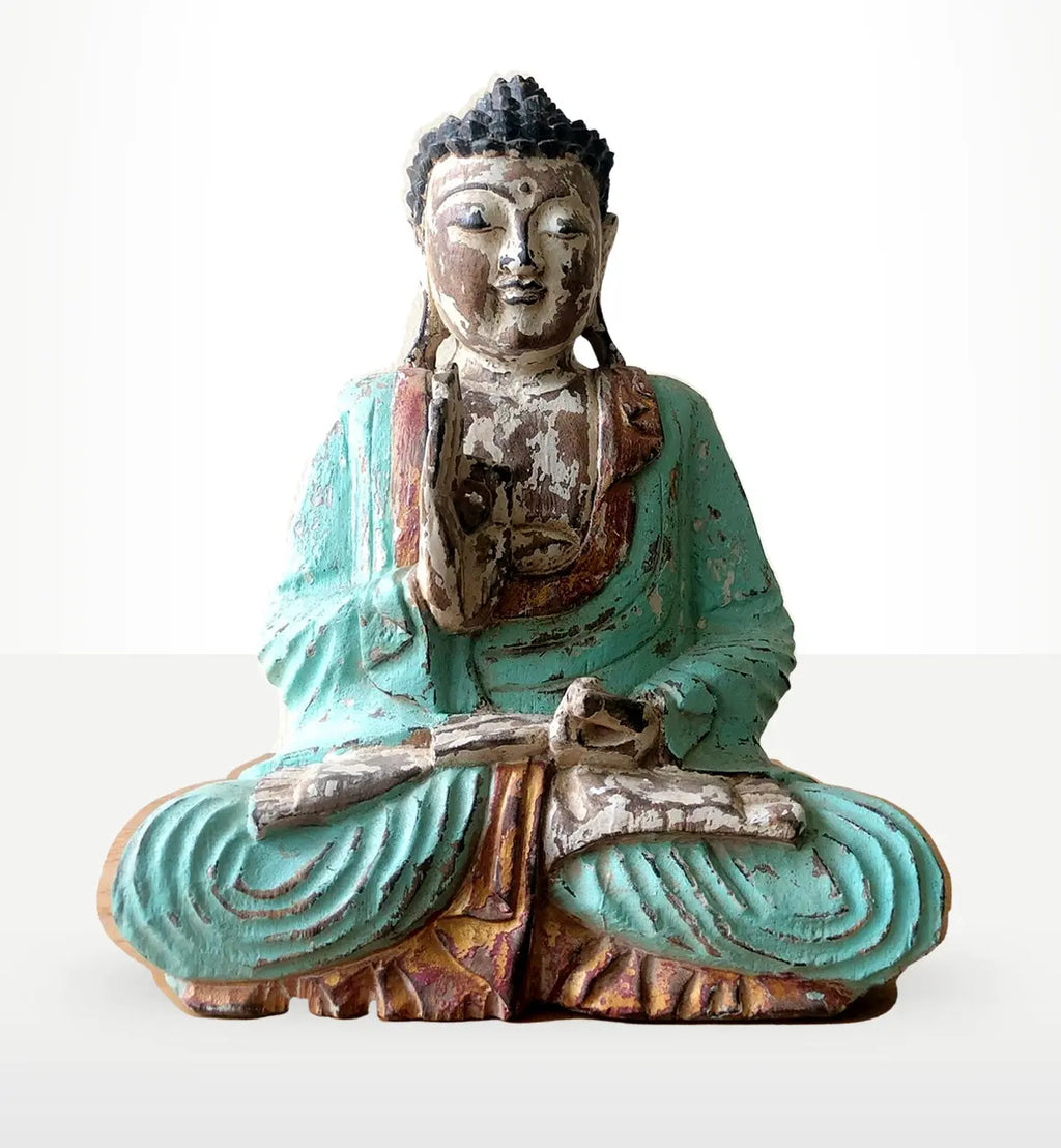 Vintage Mint Hand Carved Buddha Statue - 30cm - Teaching Transmission depicting a seated Buddha figure with worn turquoise and brown paint, showcasing detailed hand carving and serene expression.