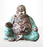 Vintage Mint Hand Carved Buddha Statue - 40cm - Happy Buddha with distressed mint green paint and intricate carved details, ideal as Buddha decor.