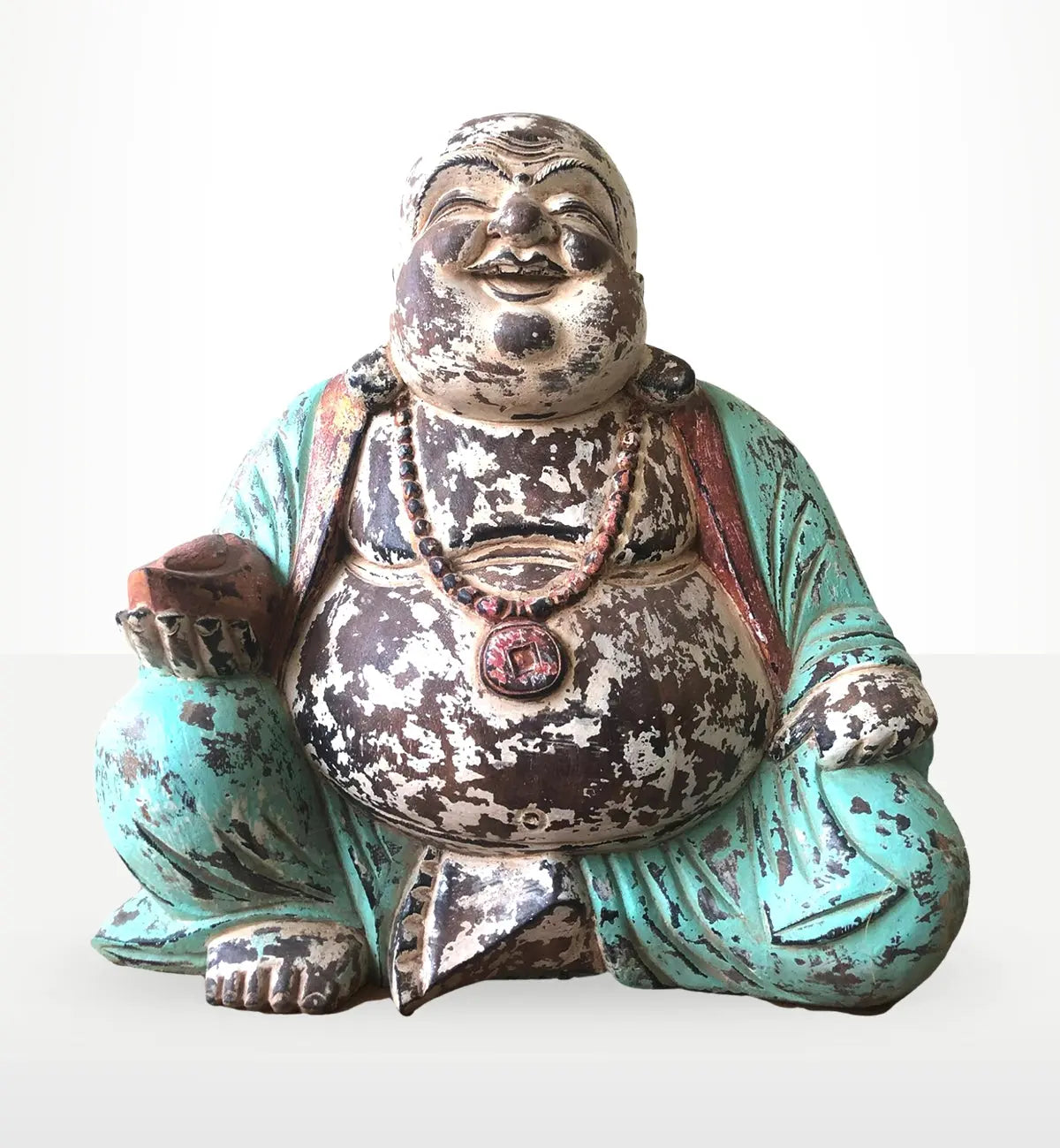 Vintage Mint Hand Carved Buddha Statue - 40cm - Happy Buddha sitting with a joyful expression, featuring distressed mint robes and detailed aged patina finish.