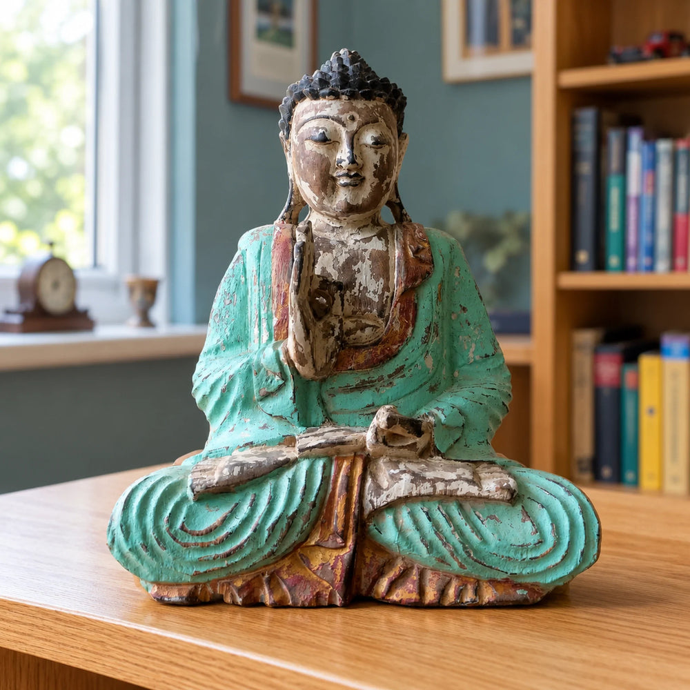 Vintage Mint Hand Carved Wooden Buddha Sitting Statue - 30cm - Teaching Transmission