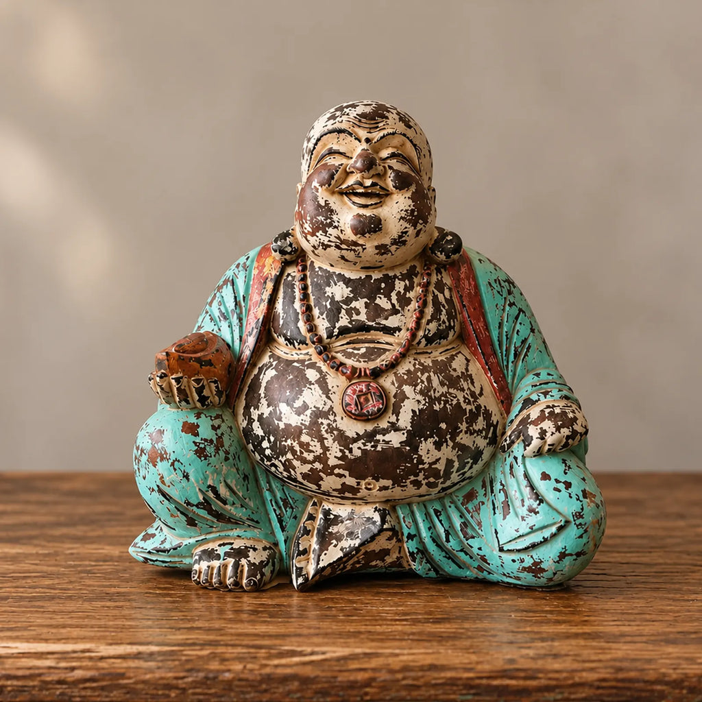 Vintage Mint Hand Carved Wooden Buddha Sitting Statue - 40cm - Happy Buddha